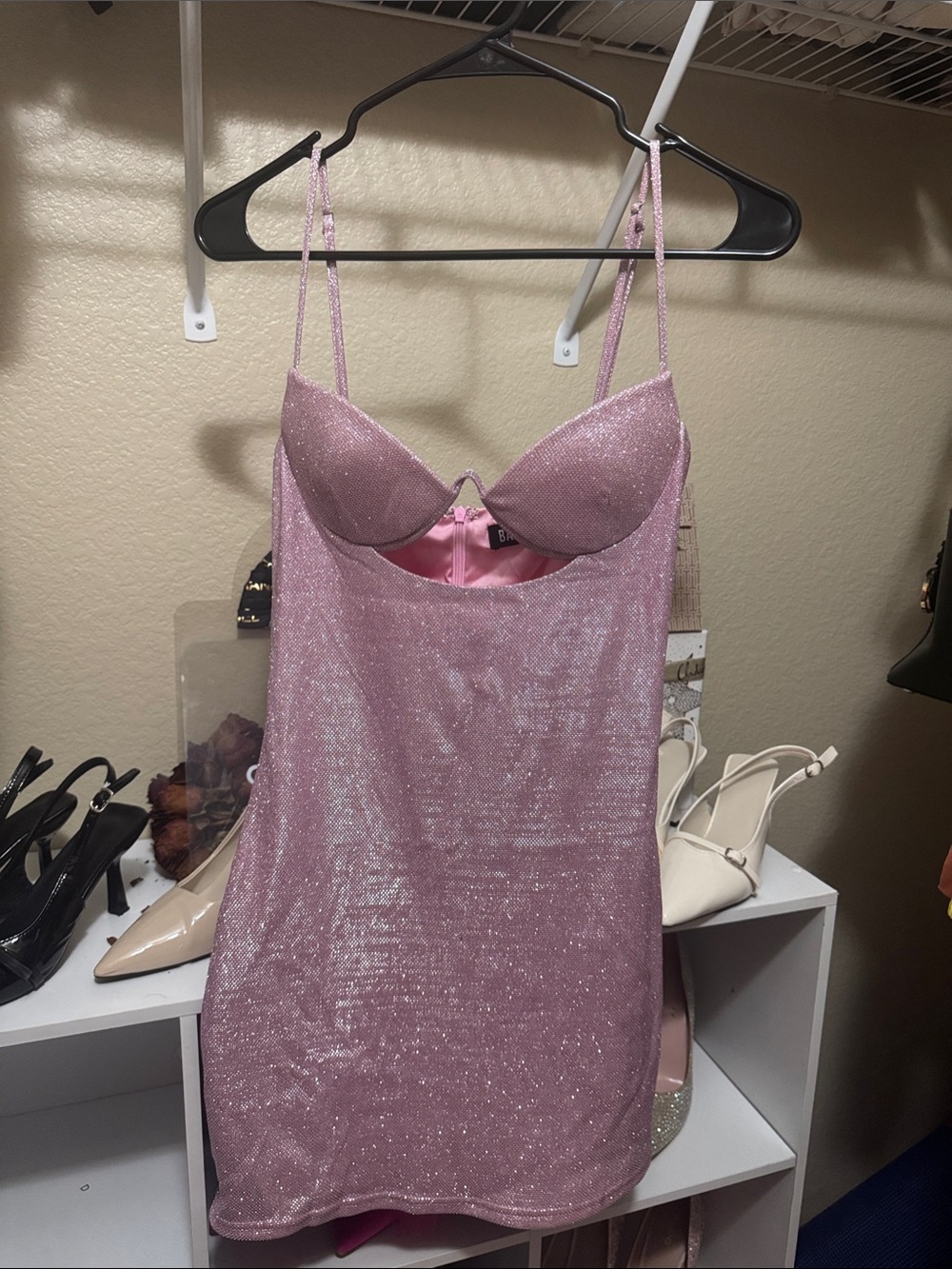 Glitter Pink Spaghetti-Strap Mini Dress